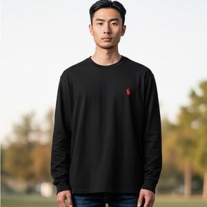 Polo Ralph Lauren Black Long Sleeve Crewneck Tee Red Pony Logo Mens XL